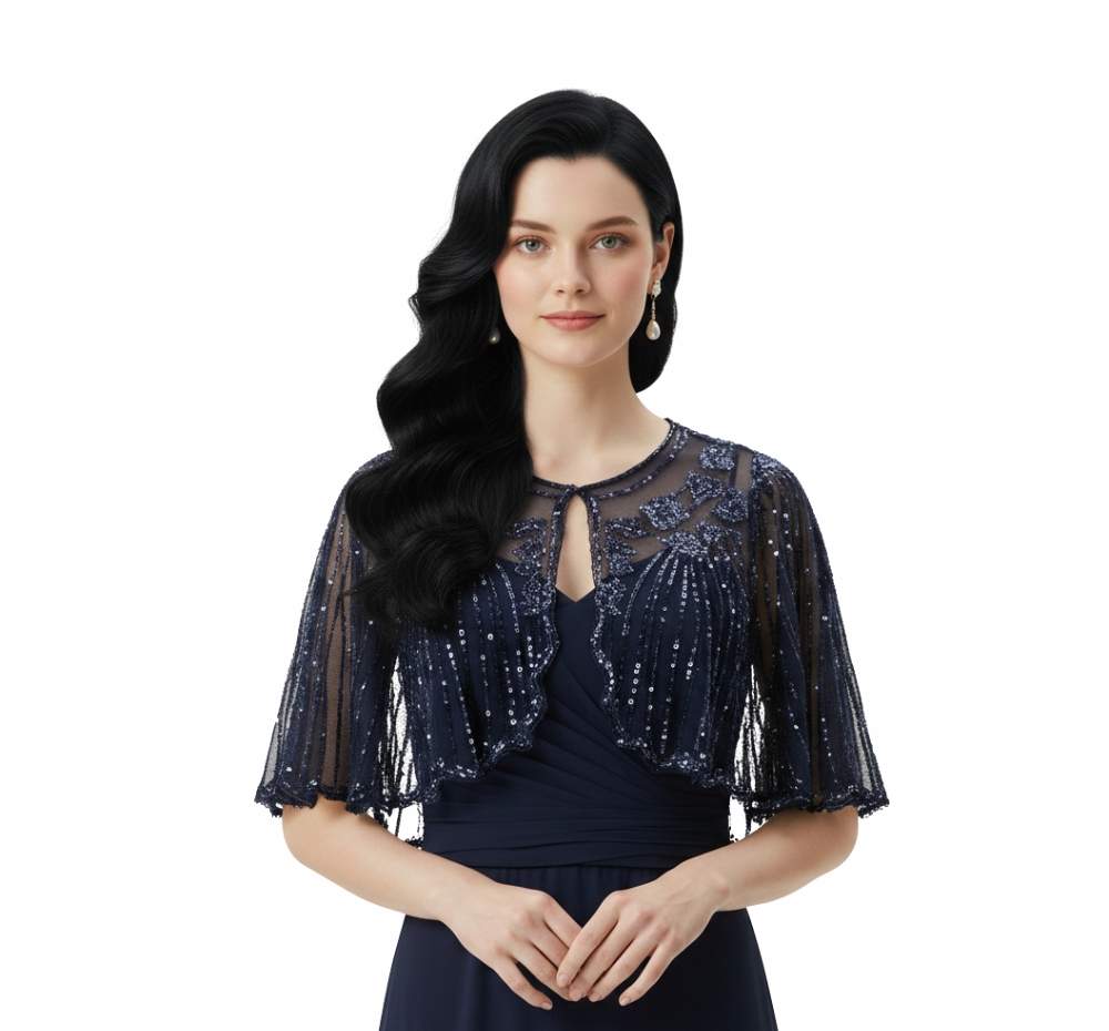 Gatsby Sequin Cape - Navy