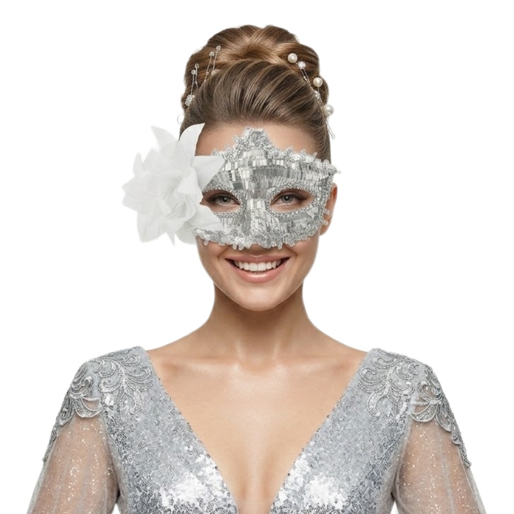 Masquerade Mask - Sequin with Flower (Silver)