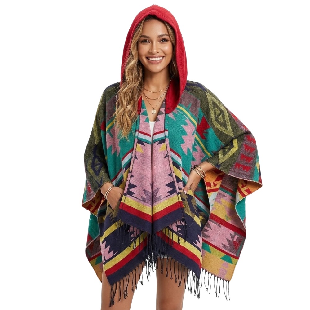 Bohemian Mexican Hooded Poncho- Pink