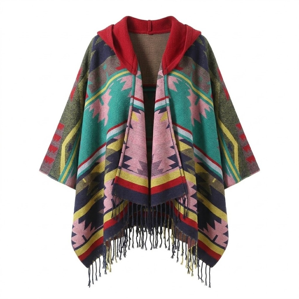 Bohemian Mexican Hooded Poncho- Pink - Image 2