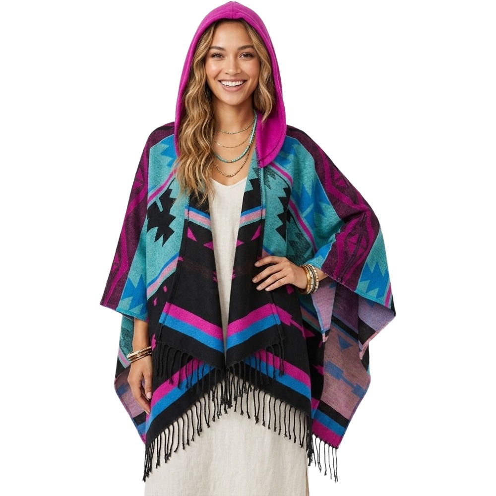 Bohemian Mexican Hooded Poncho- Pink