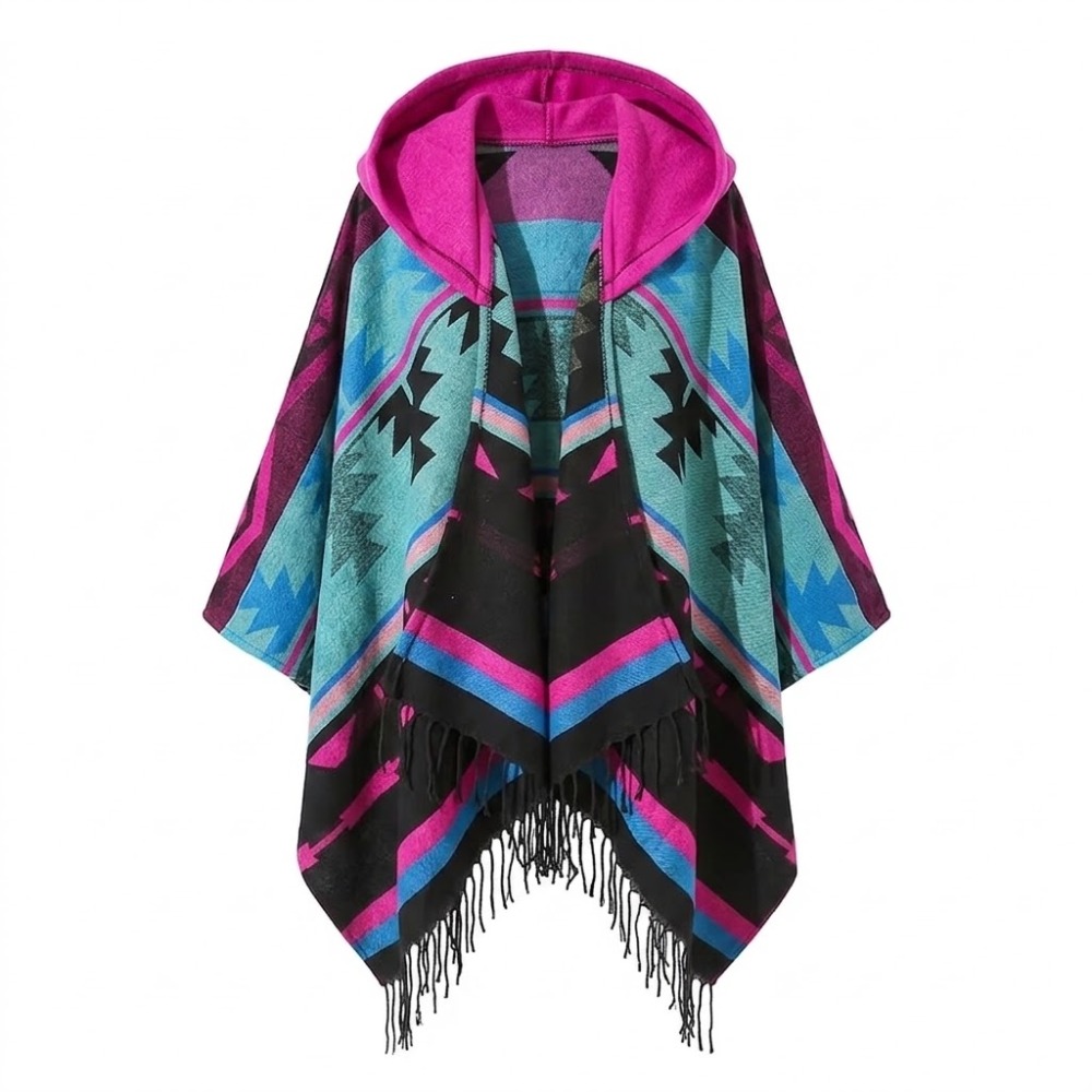 Bohemian Mexican Hooded Poncho- Pink - Image 2