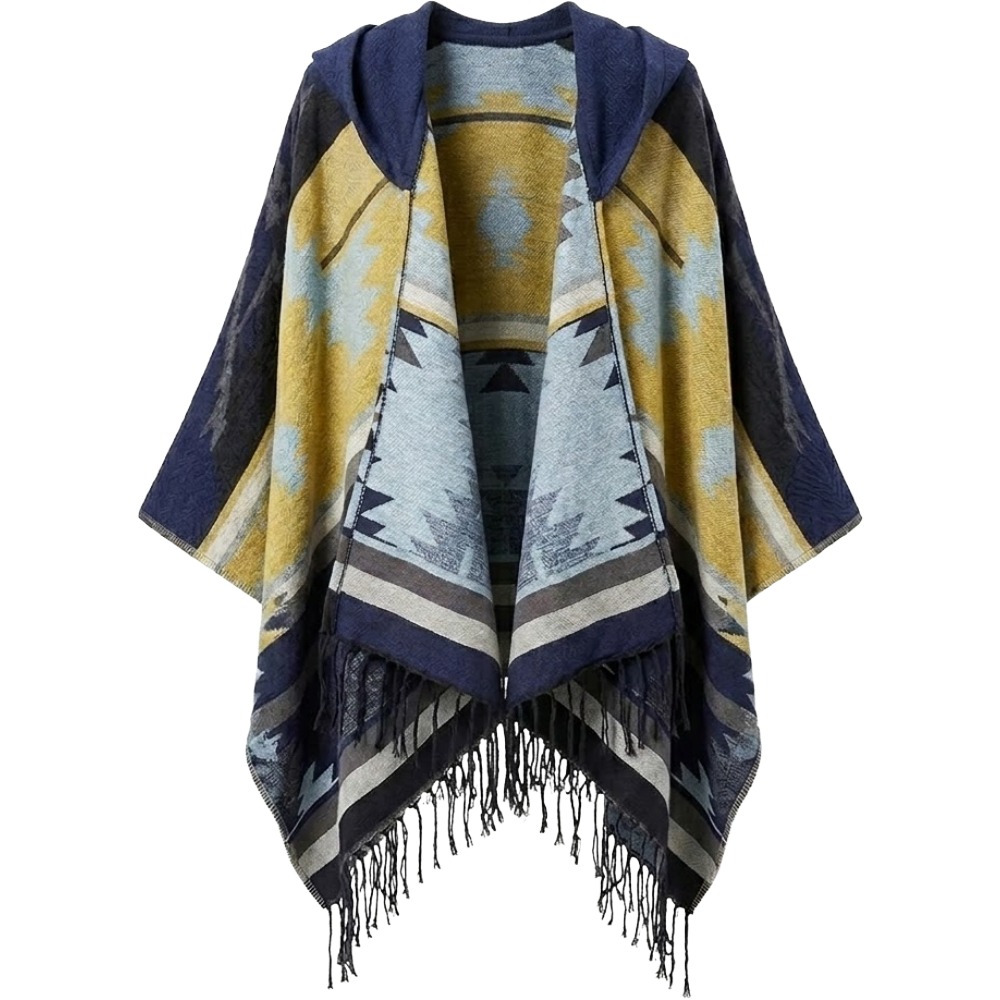 Bohemian Mexican Hooded Poncho- Navy Blue - Image 2