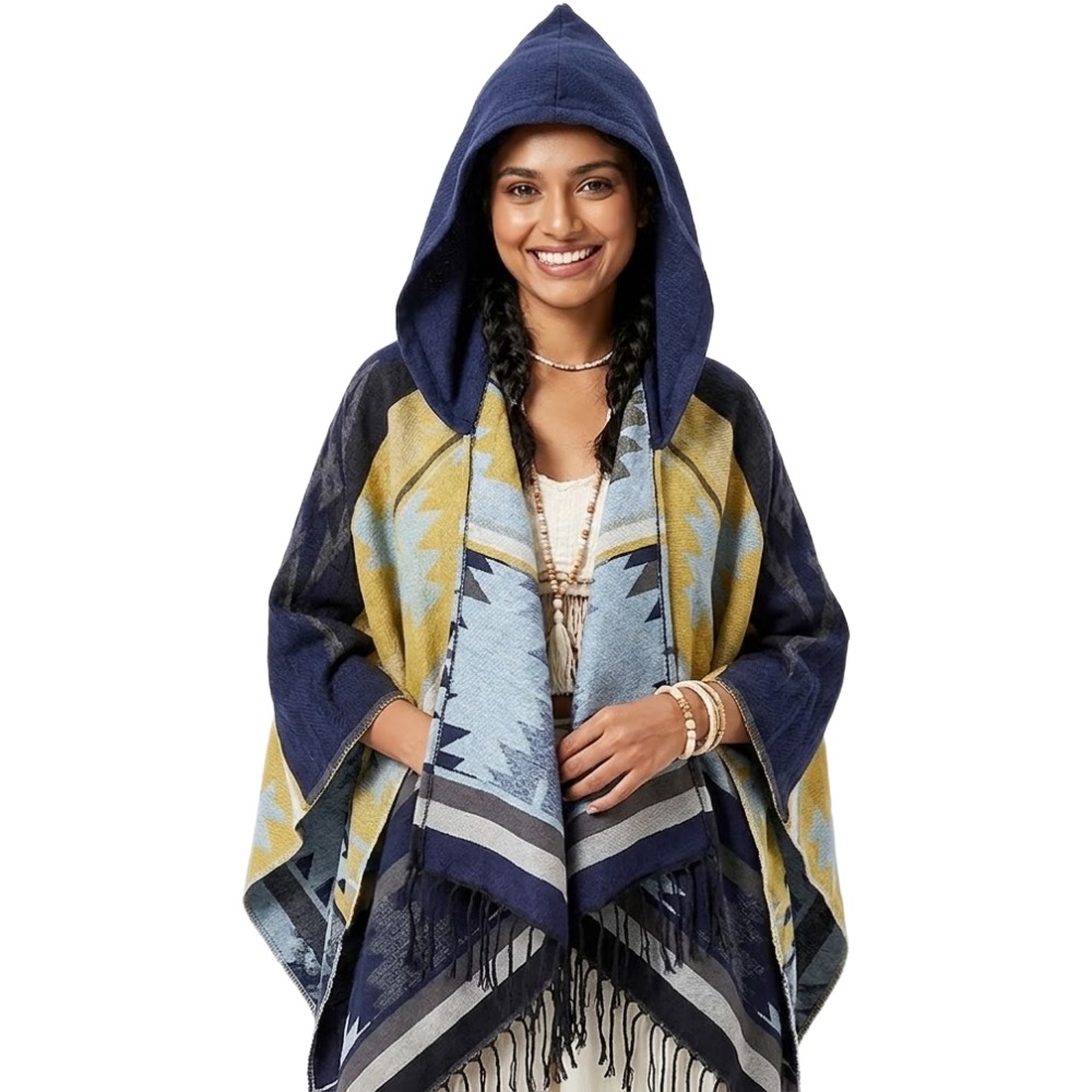 Bohemian Mexican Hooded Poncho- Navy Blue