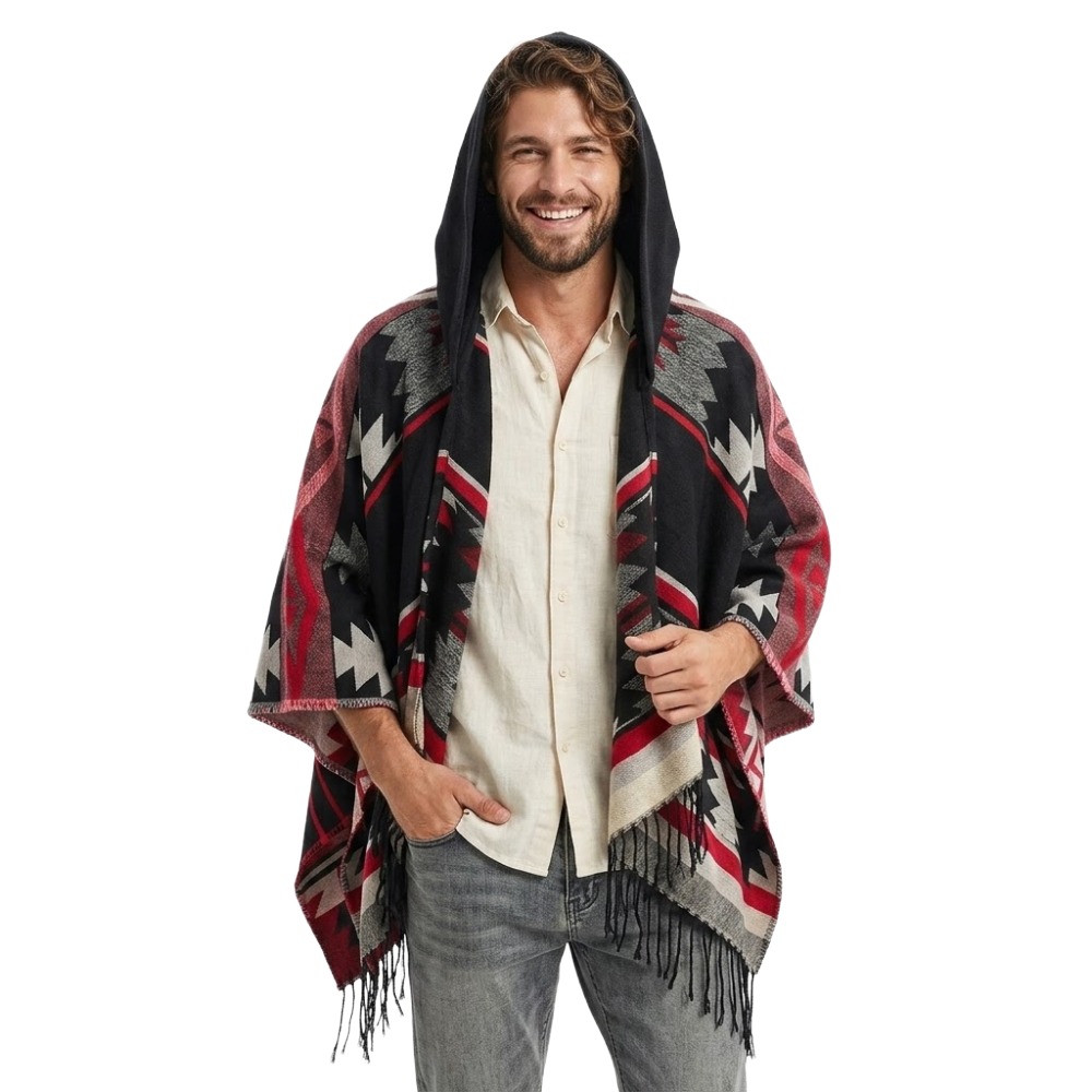 Bohemian Mexican Hooded Poncho- Red & Black