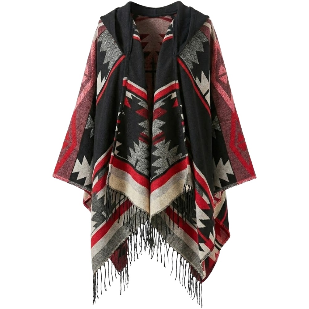 Bohemian Mexican Hooded Poncho- Red & Black - Image 2