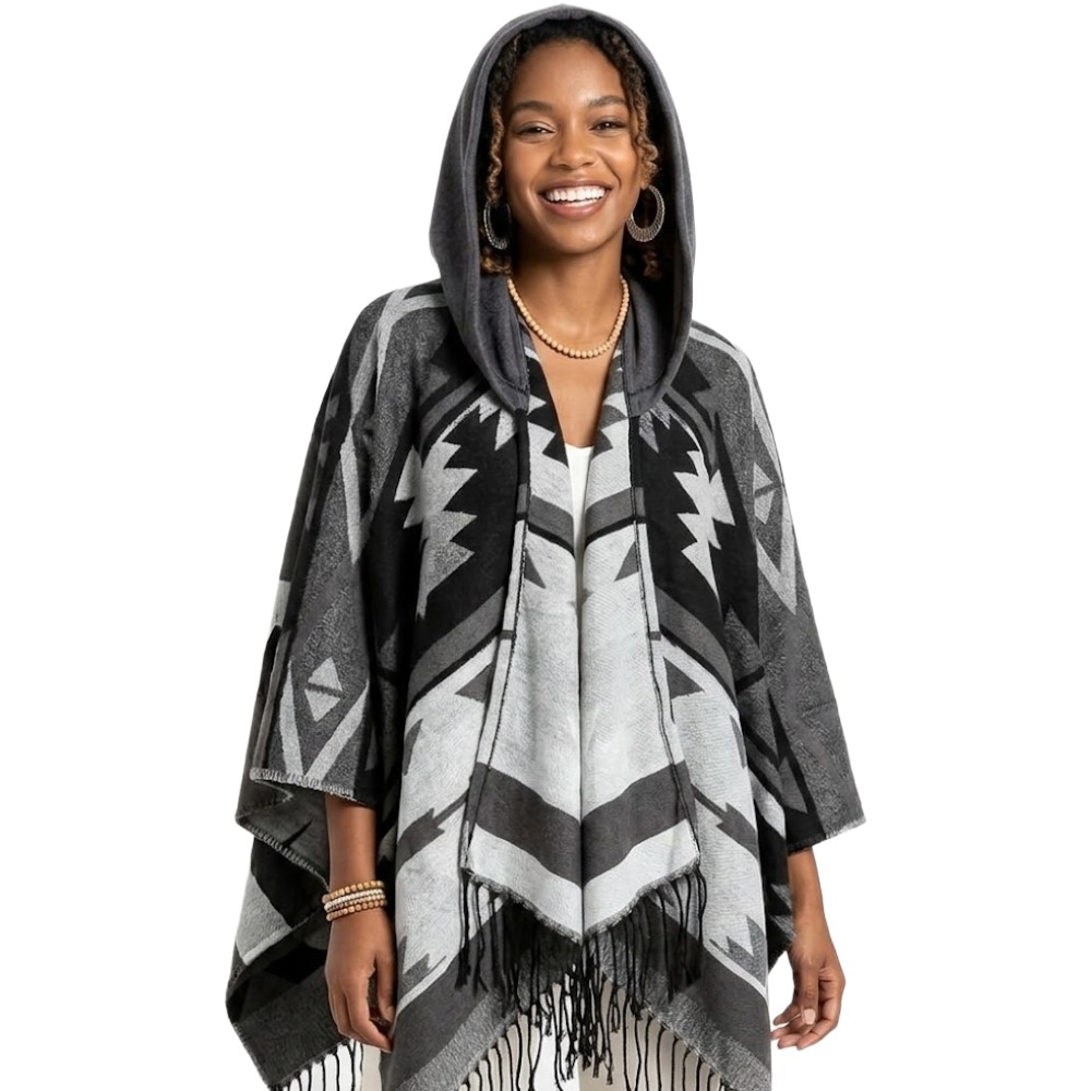 Bohemian Mexican Hooded Poncho - Grey