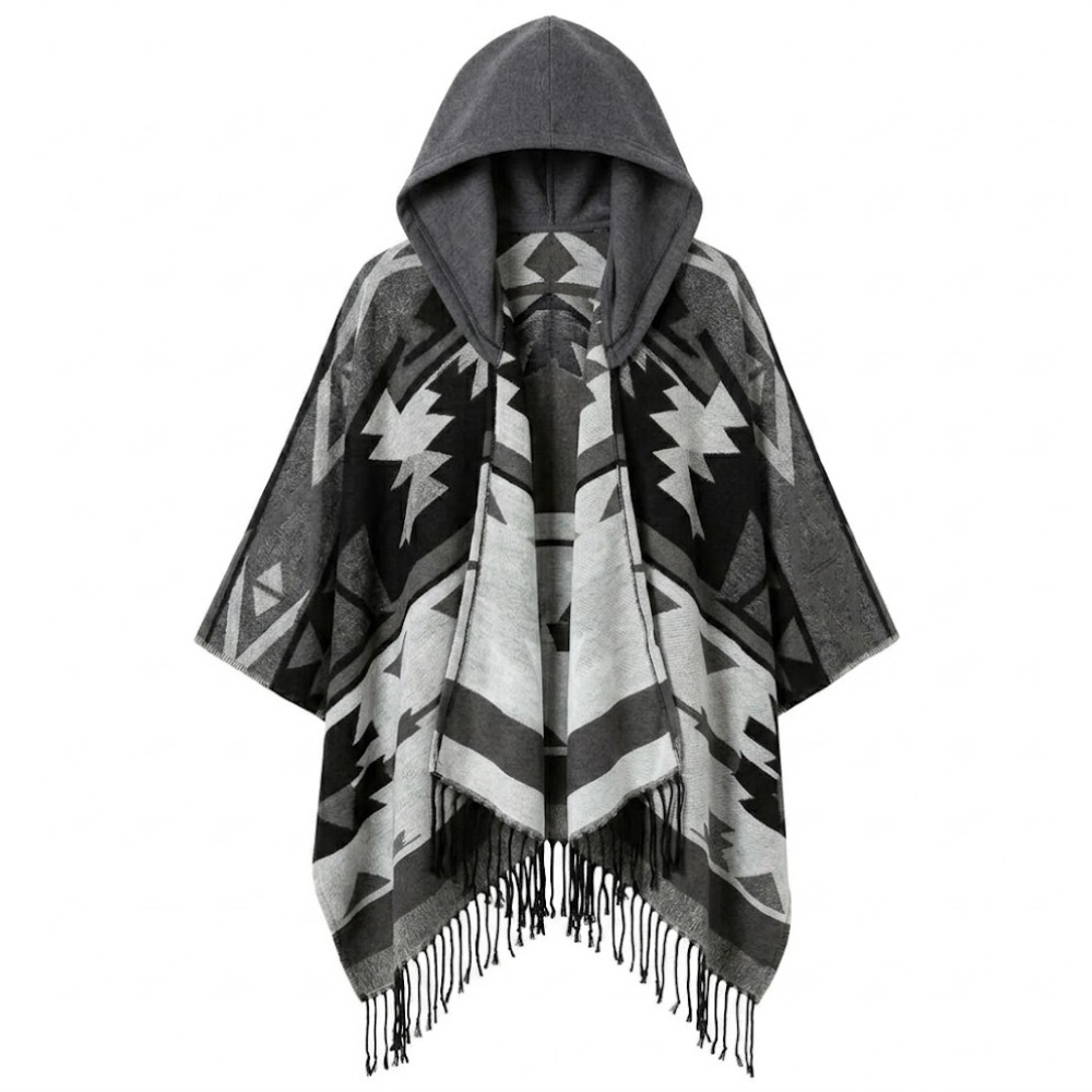 Bohemian Mexican Hooded Poncho - Grey - Image 2