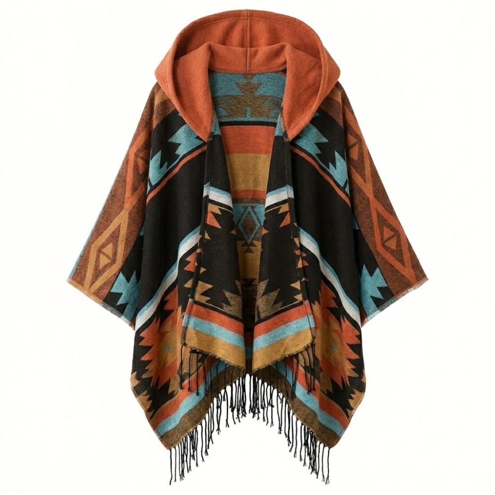 Bohemian Mexican Hooded Poncho - Orange - Image 2