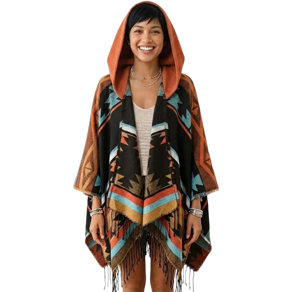 Bohemian Mexican Hooded Poncho - Orange