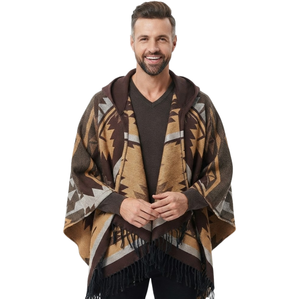 Bohemian Mexican Hooded Poncho - Brown