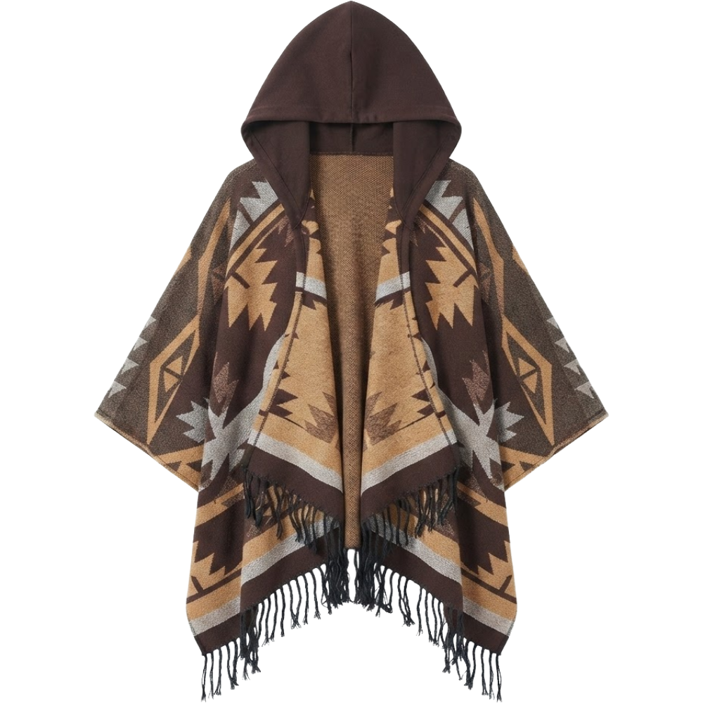 Bohemian Mexican Hooded Poncho - Brown - Image 2