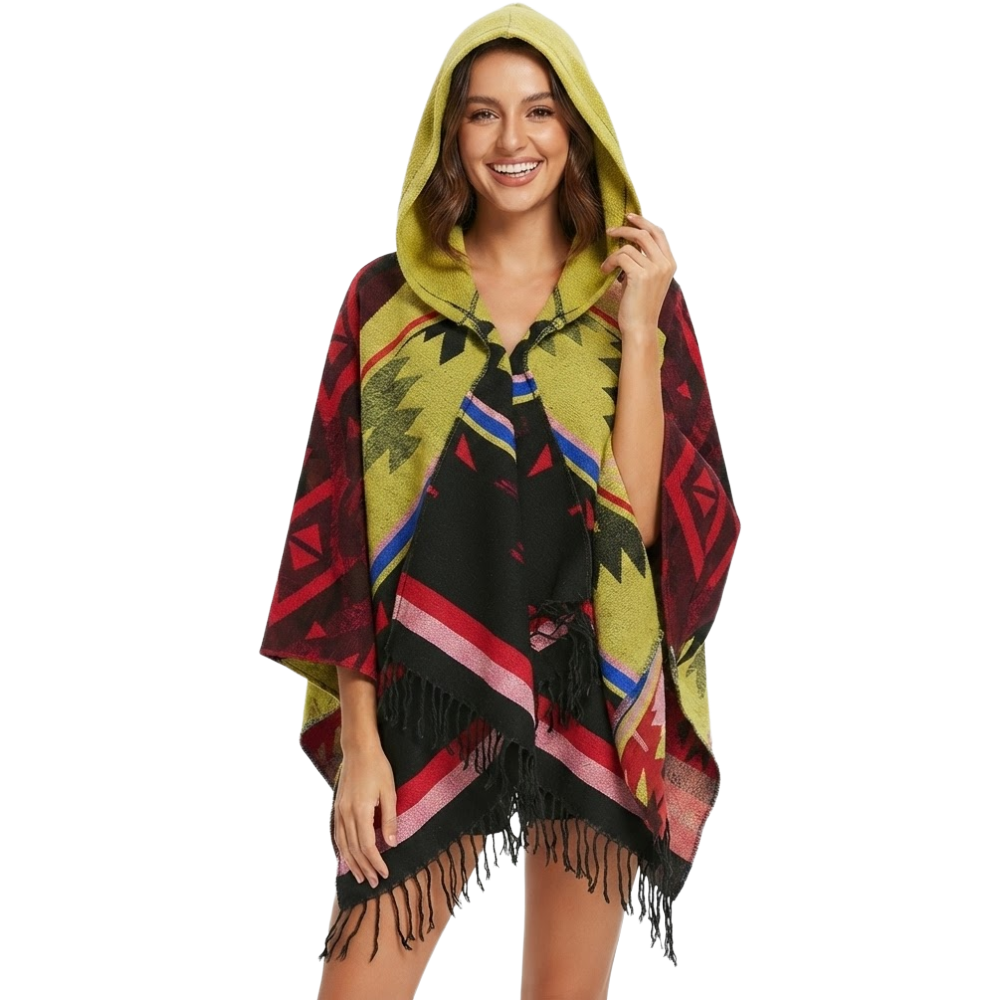 Bohemian Mexican Hooded Poncho - Yellow