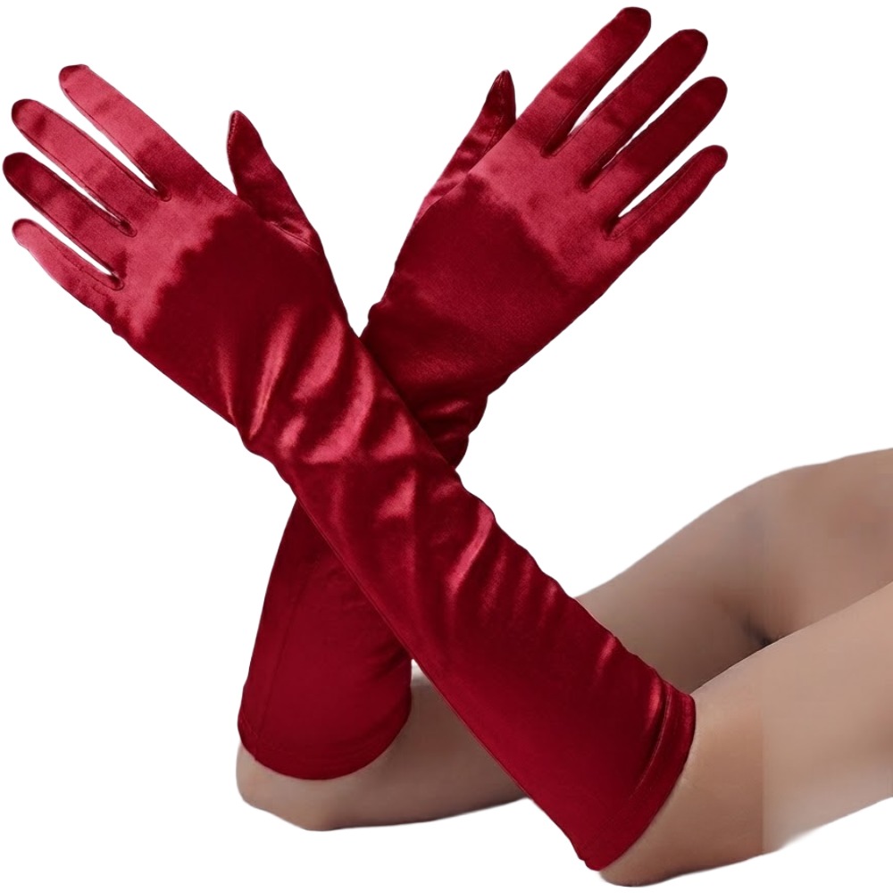 Long Satin Stretch Gloves - Red