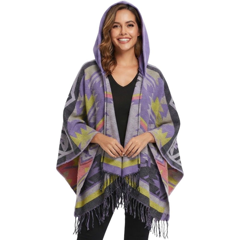 Bohemian Mexican Hooded Poncho - Lilac